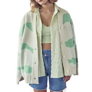 NEW DESSIN STUDIO two-tone wavy stripe knit cardigan in green